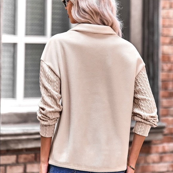 Cream Quarter Zip Dropped Shoulder Spliced Sweatshirt - Picture 5 of 6